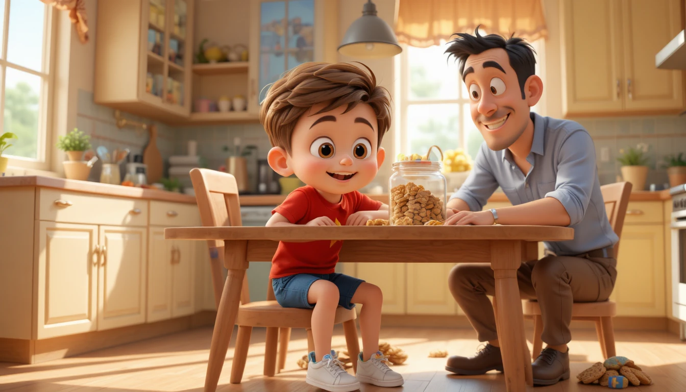 Father playfully checks Johny for hidden breakfast cookies