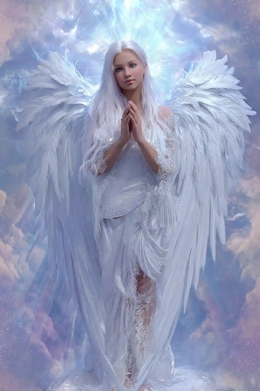 Angelic woman with white wings in radiant heavenly sky