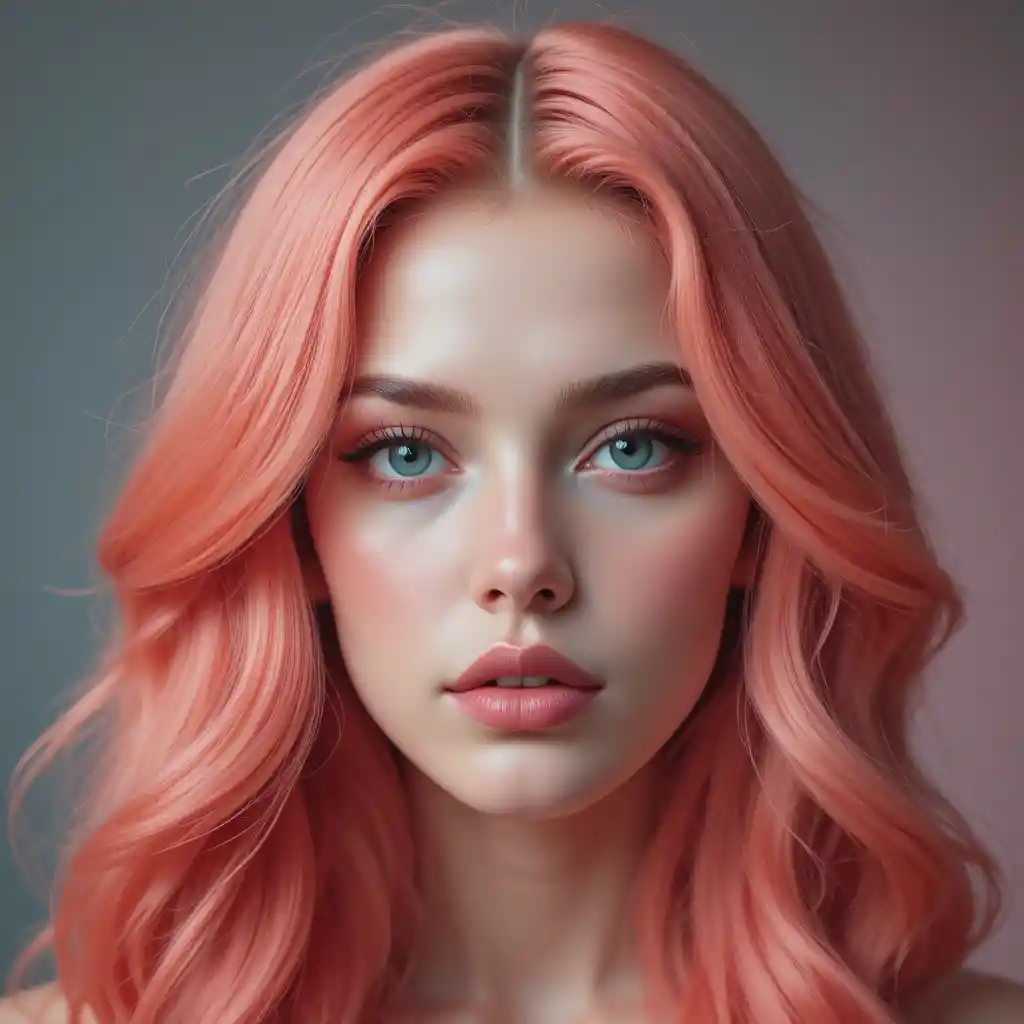 Retrato en primer plano de una mujer joven con cabello rosa coral