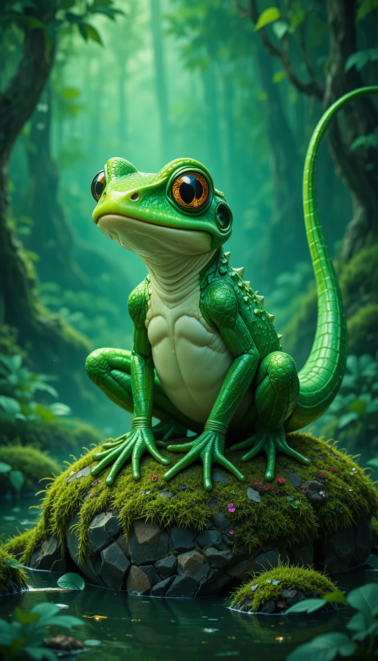 Verspielte Frosch-Echsen-Kreatur in einem leuchtenden Fantasysumpf
