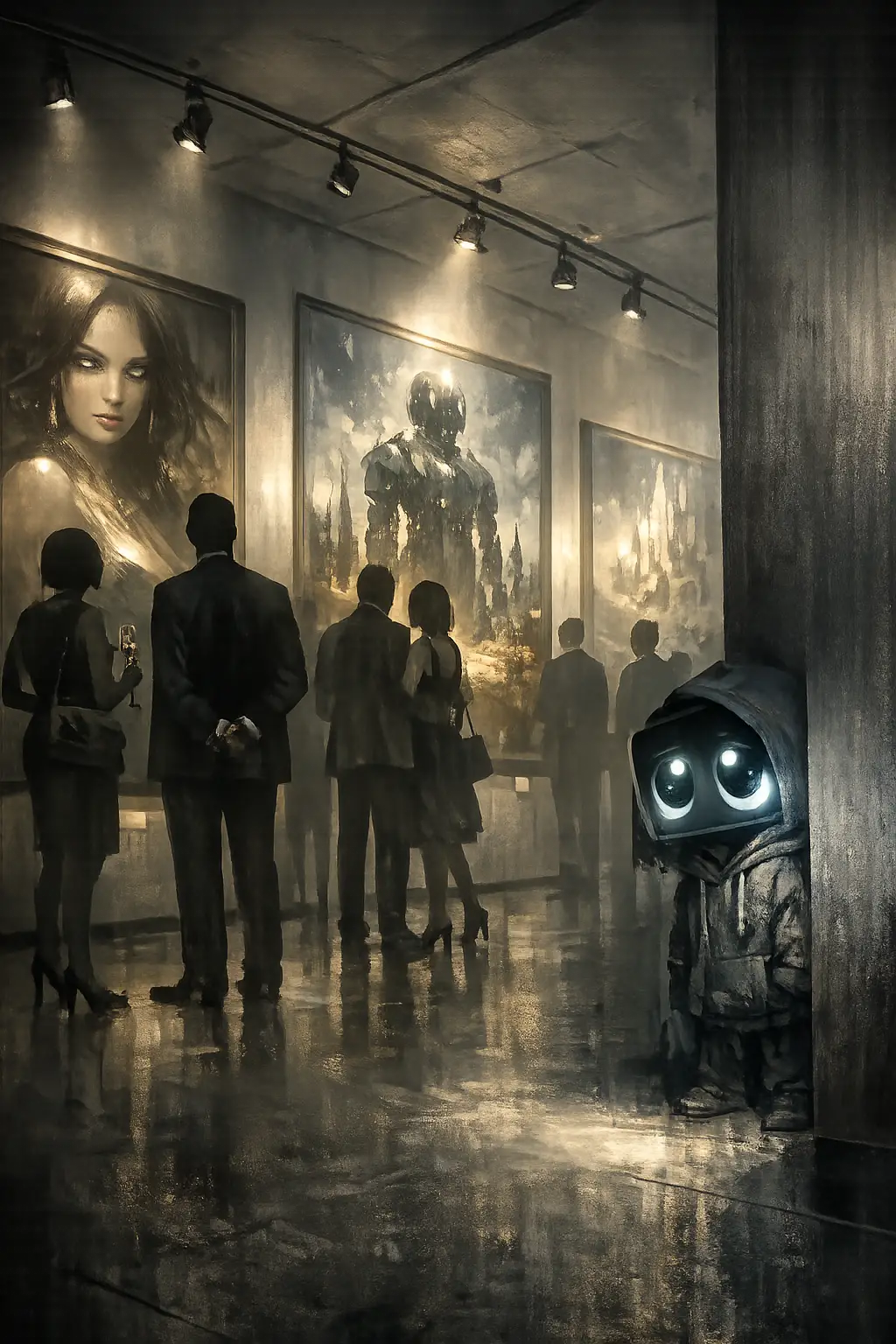 Galería satírica de pinturas resplandecientes y clientes sin rostro