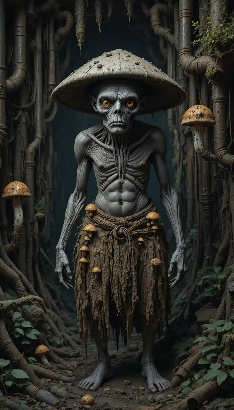 Elderly fungal humanoid in a dark rusted cavern