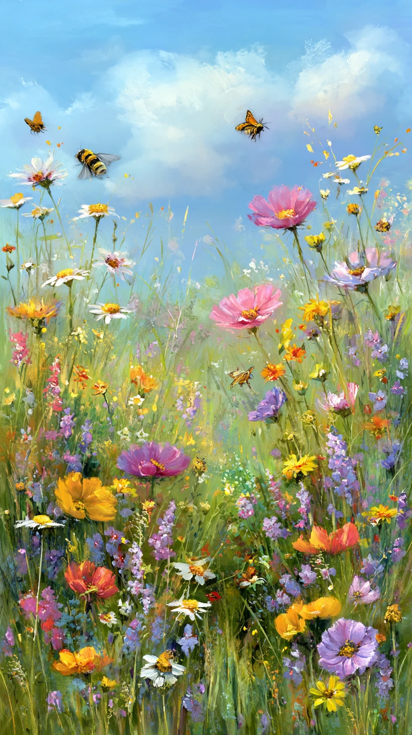 Sunlit spring meadow filled with colorful wildflowers