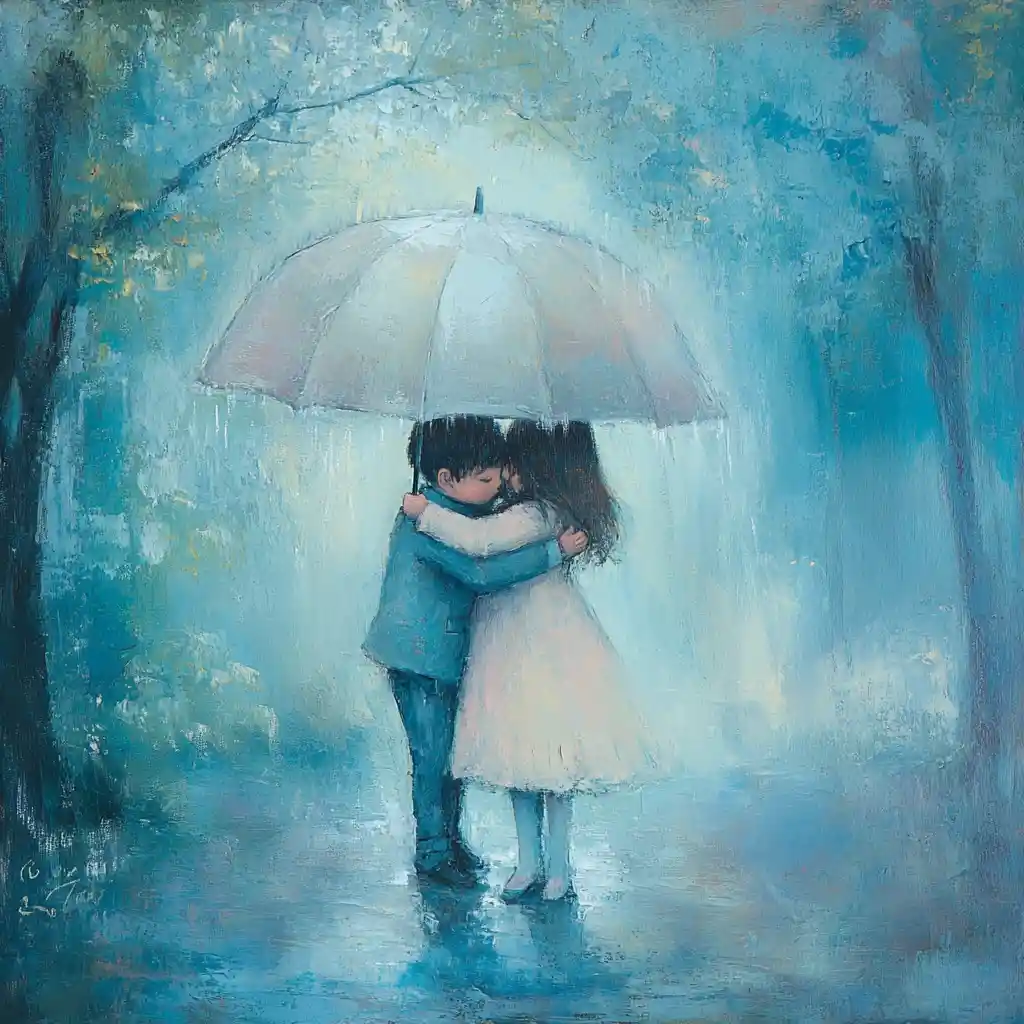 Two children hugging under an umbrella in gentle rain