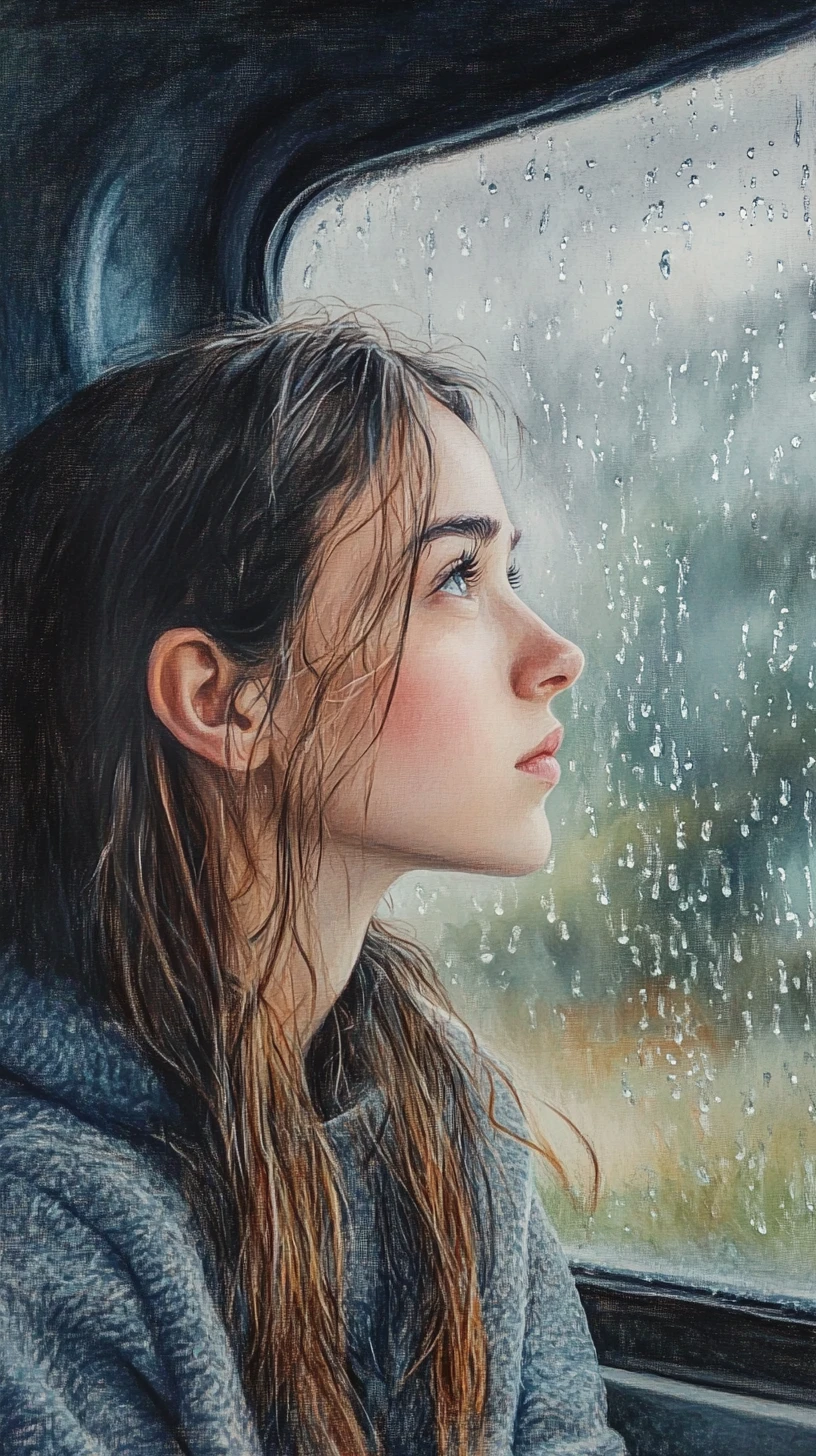 雨の列車に乗る憂鬱な少女の水彩画