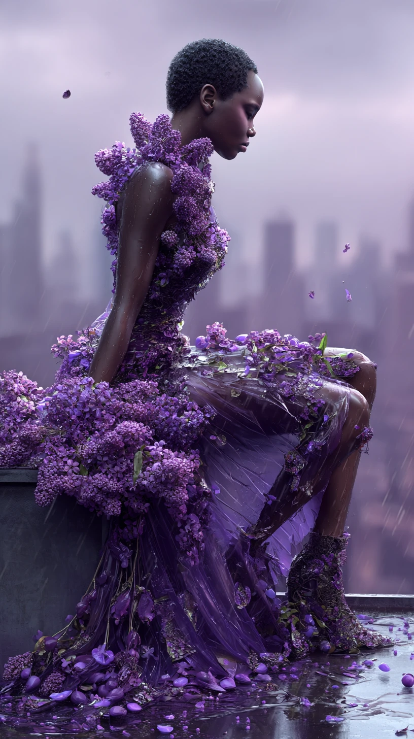 Afrofuturistic woman in lilac gown on rainy city rooftop