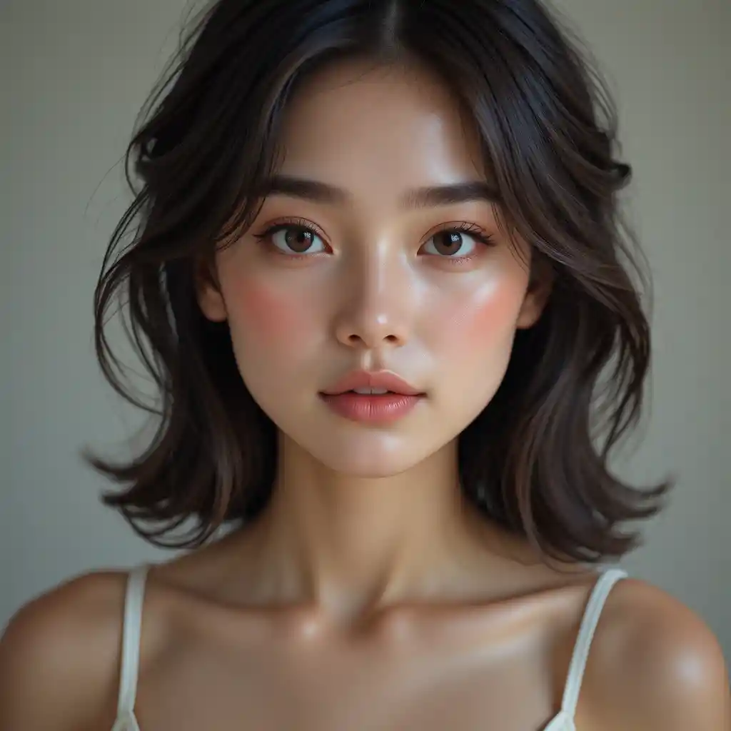 부드러운 중성 배경의 젊은 여성 클로즈업 초상