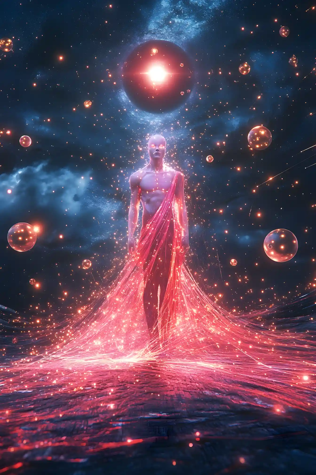 Cosmic male figure emerging from a celestial veil
