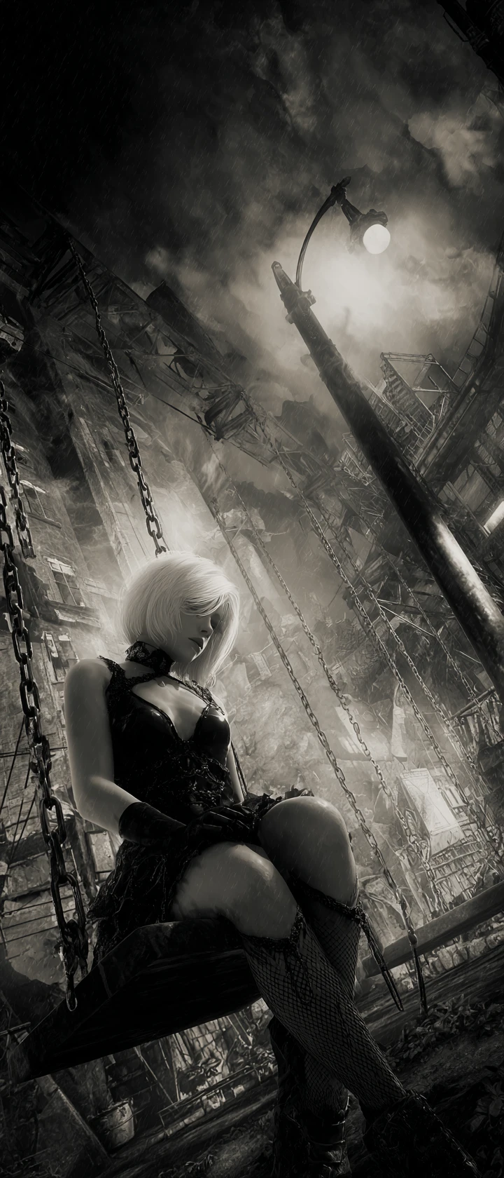 Gothic woman on a swing in a dark urban playground