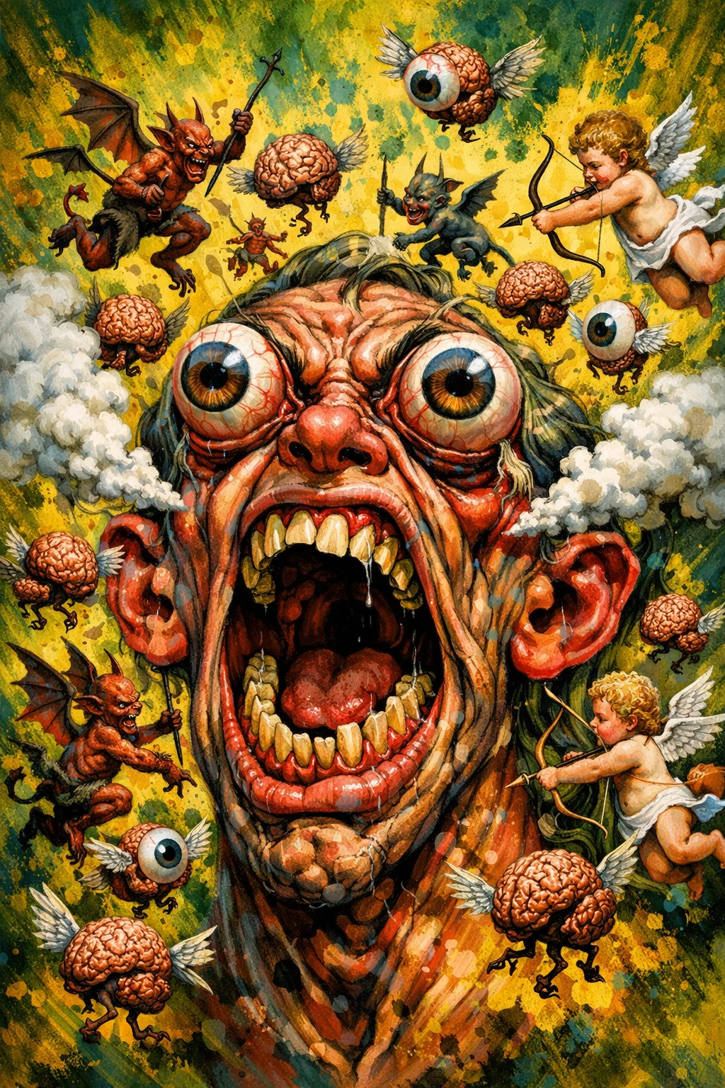 Testa distorta surreale che esplode con caotiche creature volanti
