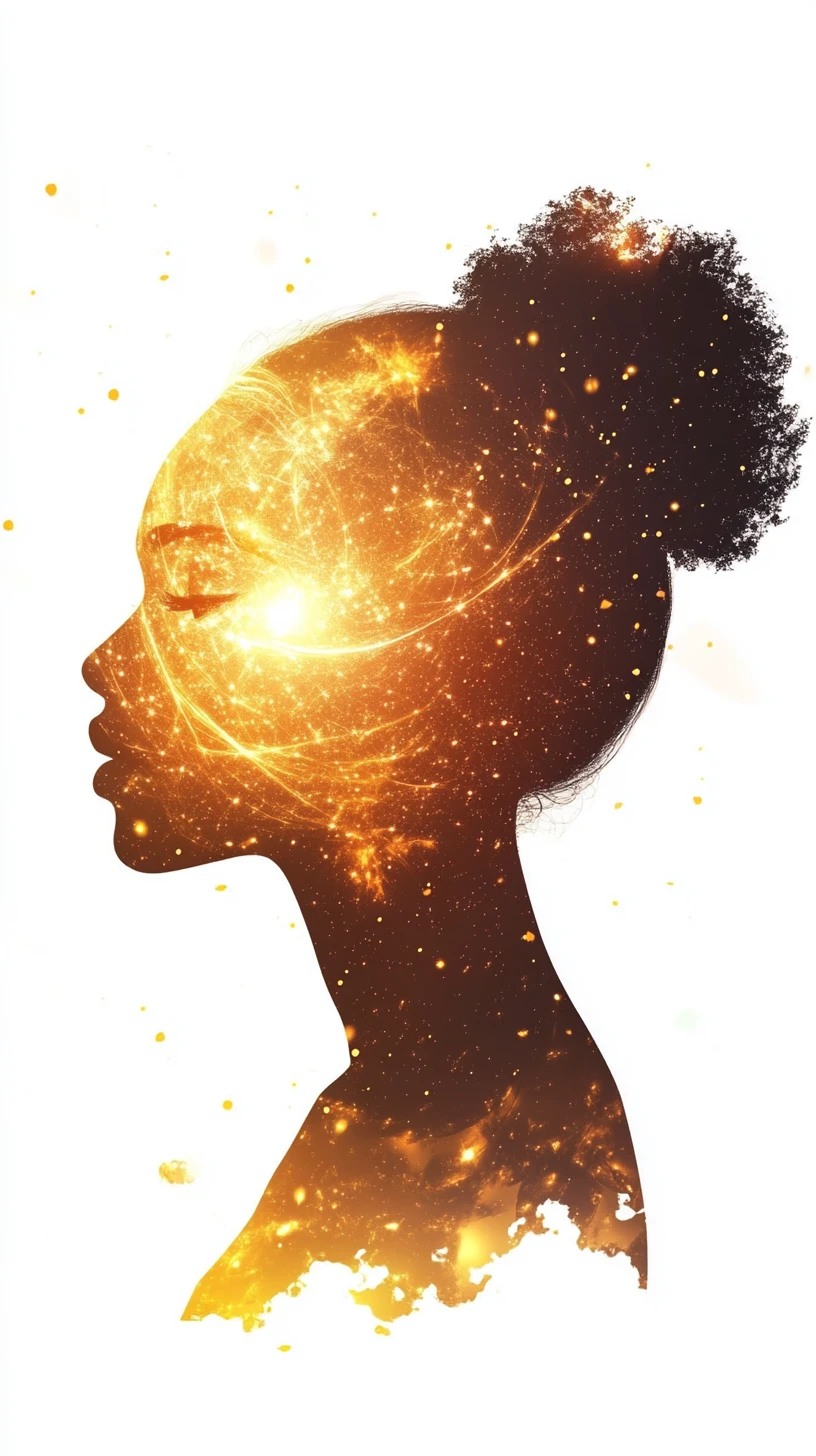 Perfil de mujer afrofuturista lleno de un universo interior luminoso