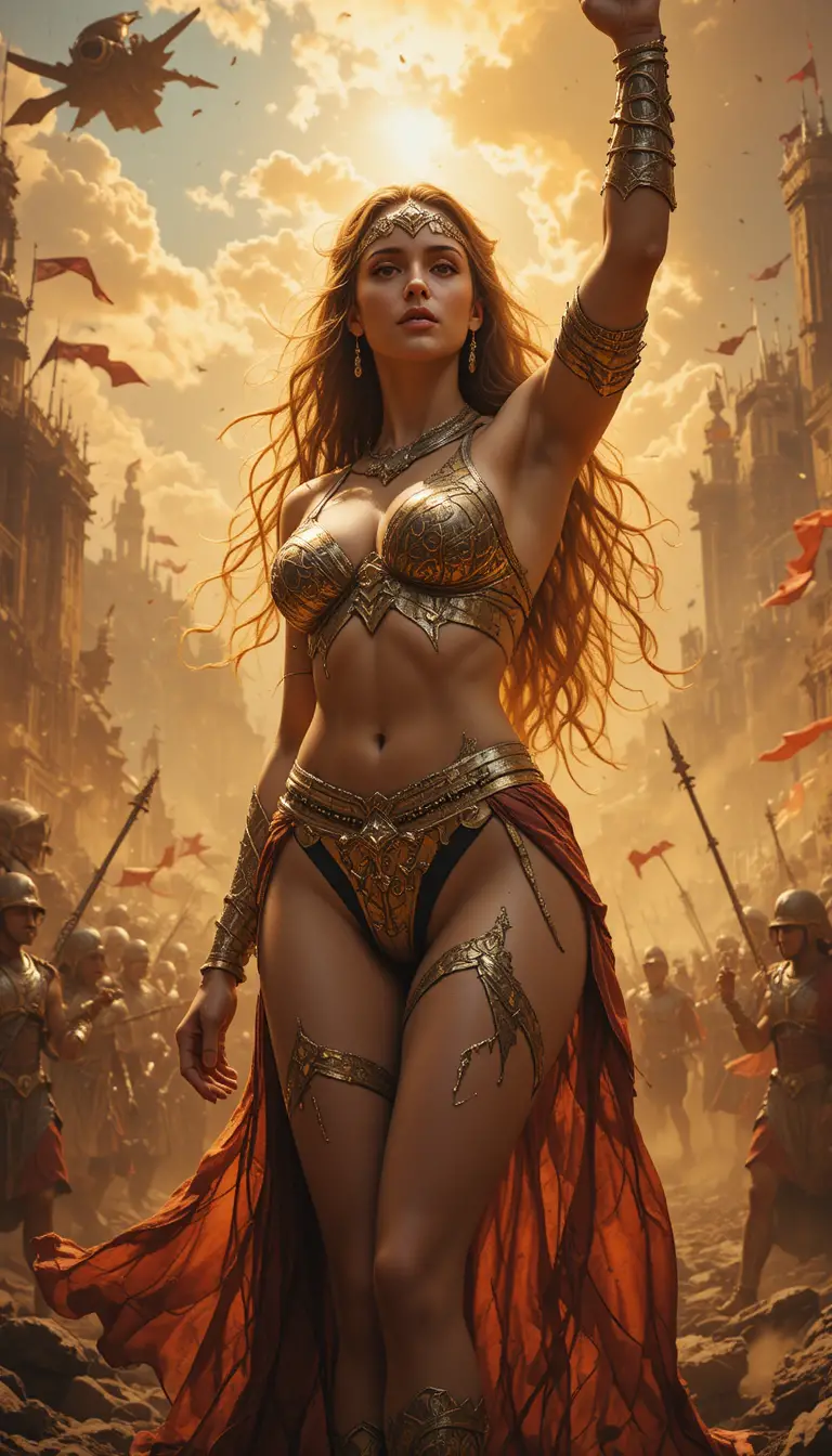 Warrior queen stands victorious in golden battle landscape