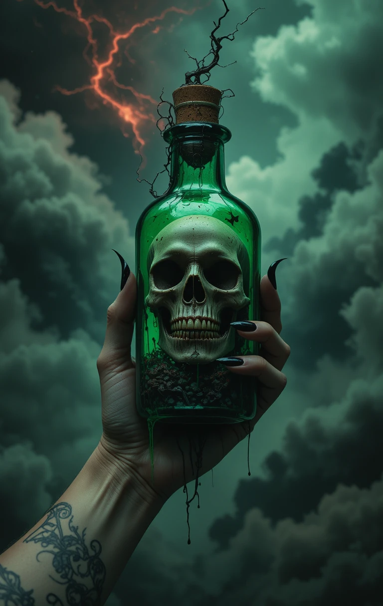 Clawed Hand Holding Skull Filled Green Potion Bottle