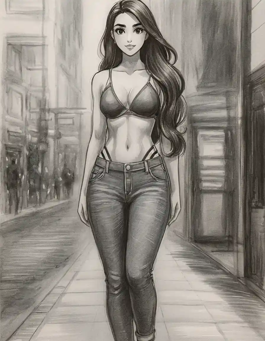 Full body anime woman in graphite standing in hallway