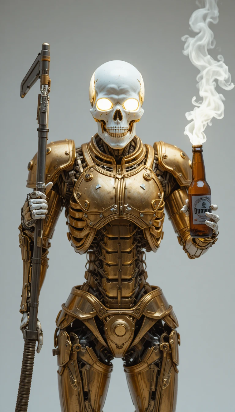 Glowing skeletal figure with vacuum cleaner and beer bottle