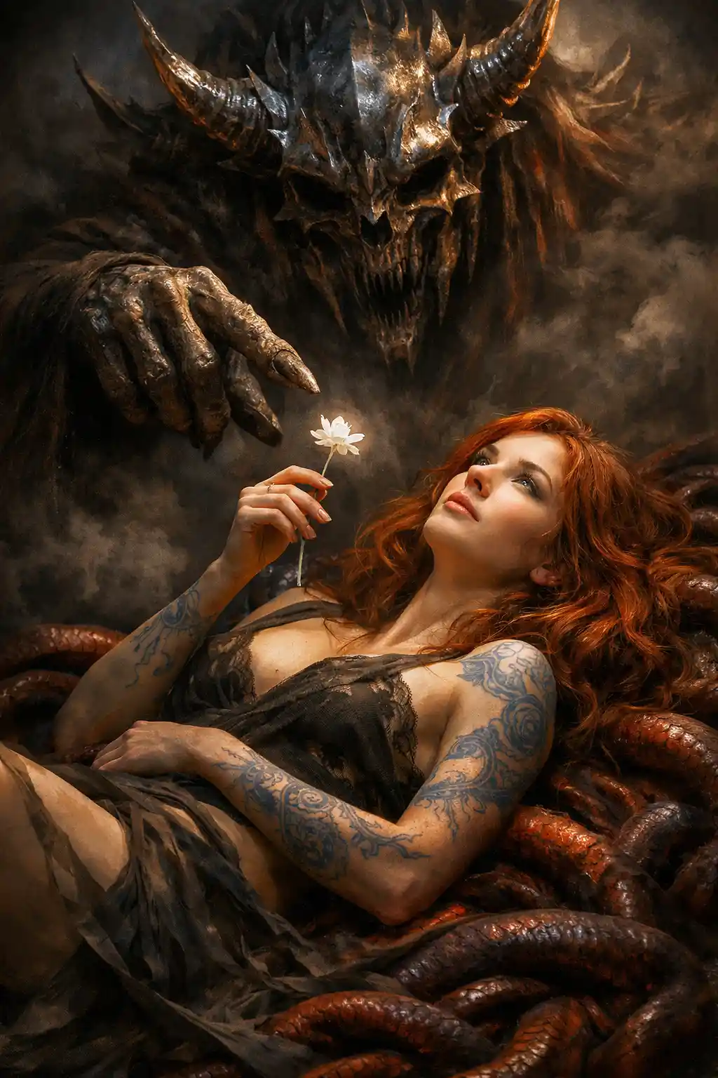 Fantasy woman with flower beneath looming horned demon