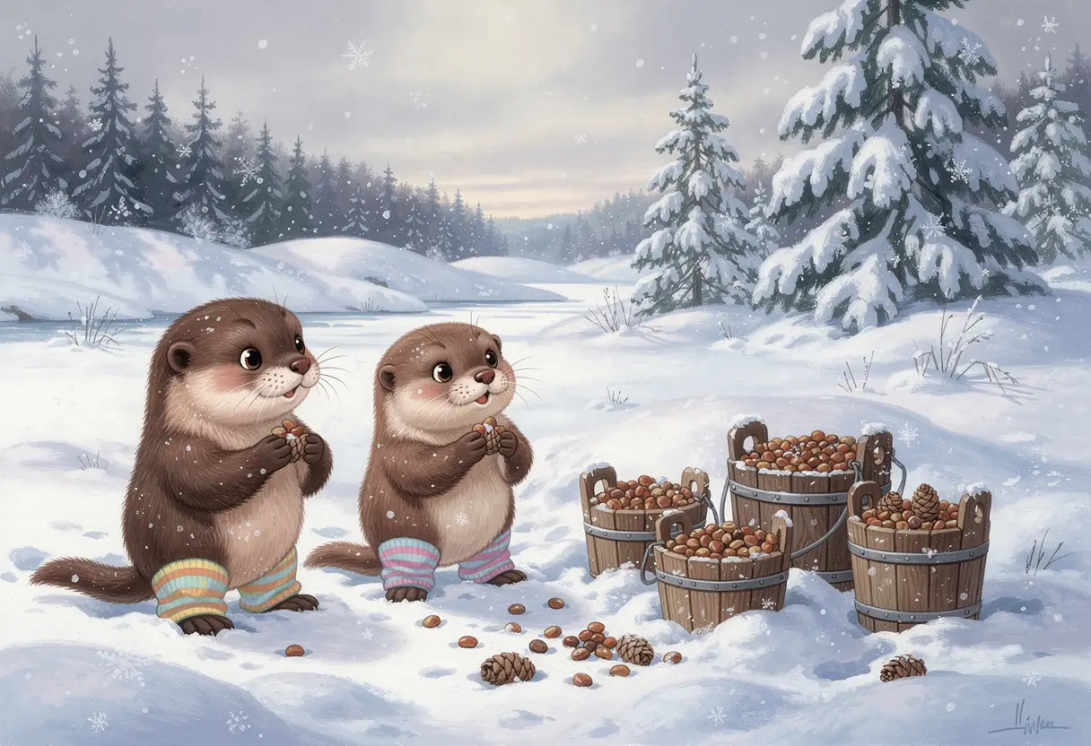 Playful otters in striped leg warmers across a snowy tundra