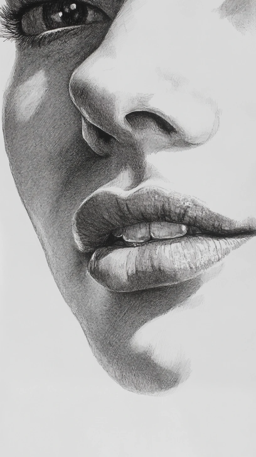 Graphite close up of a womans eye nose and mouth