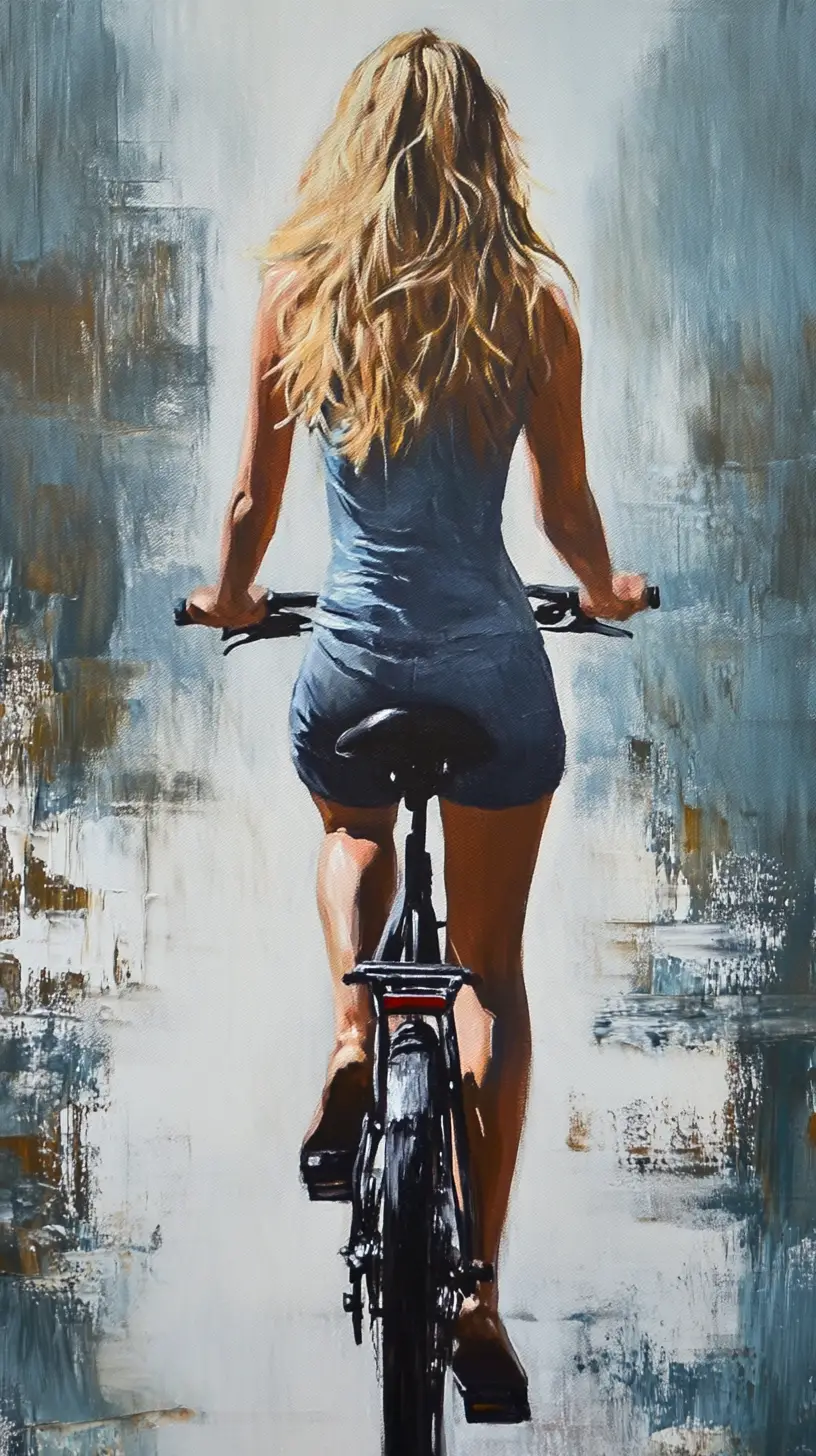 Blonde woman cycling through a sunny urban street back view