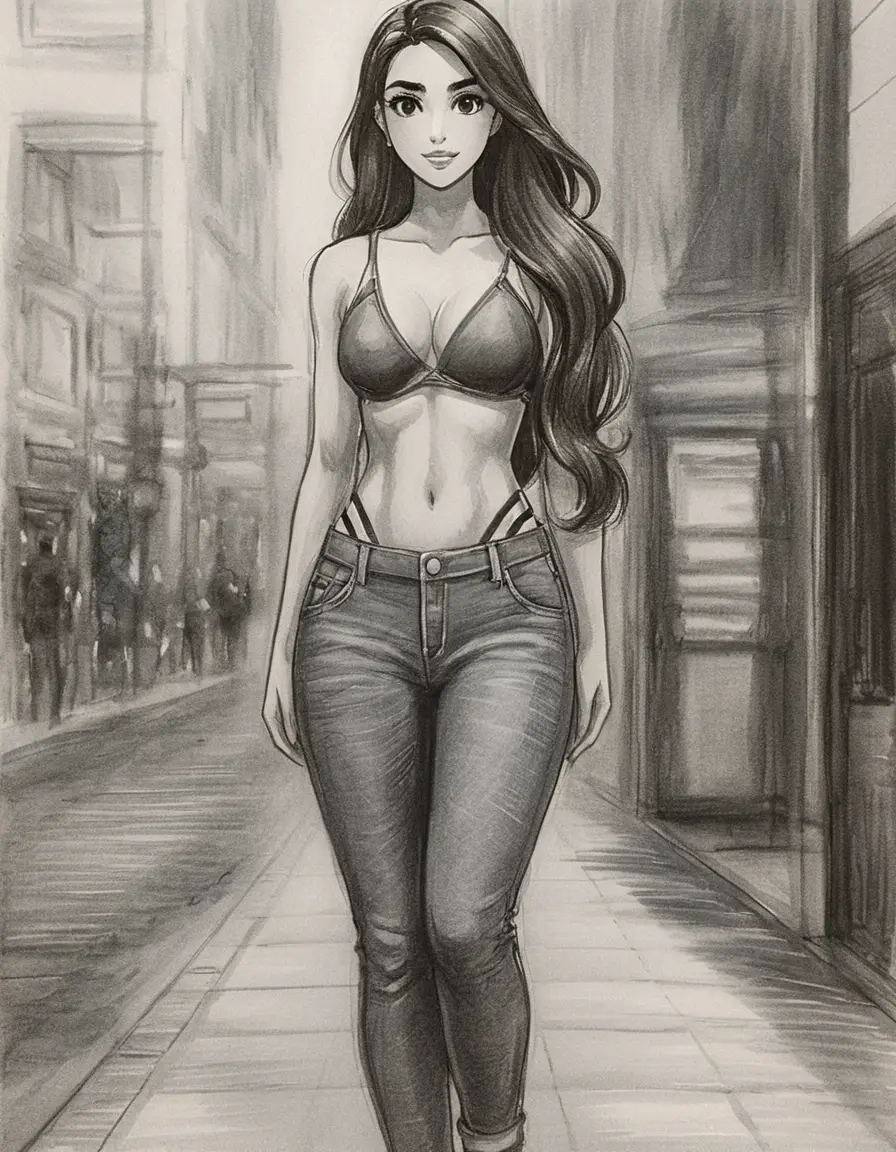 Full body anime woman in graphite standing in hallway