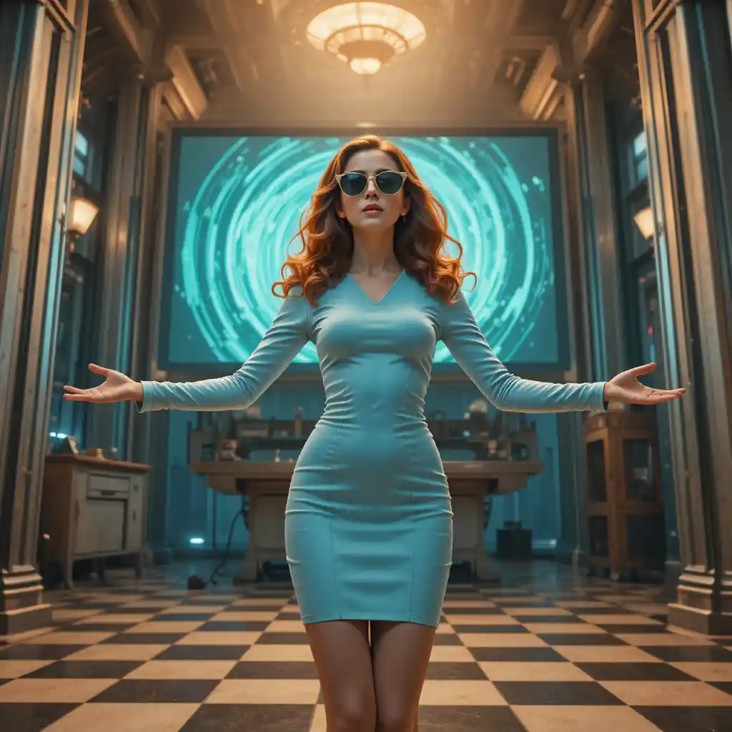 Young woman reaches toward glowing vintage cinema screen