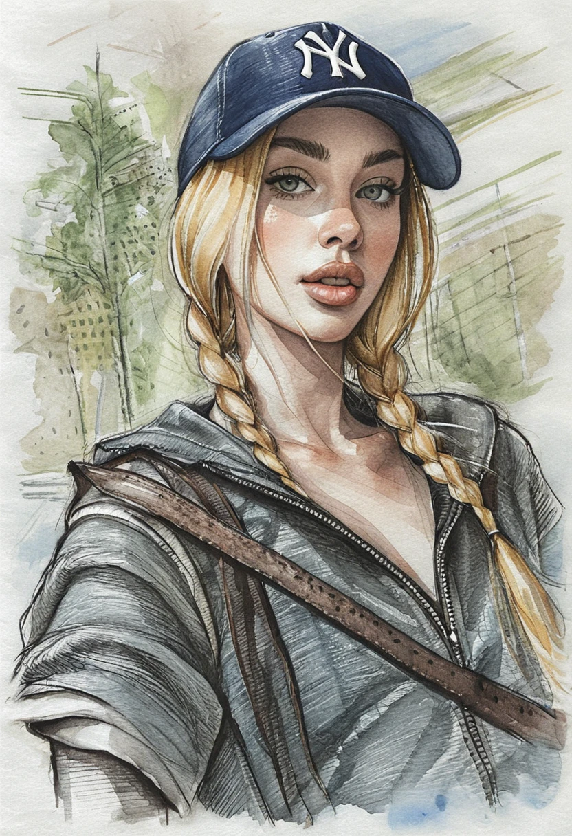 Portrait en techniques mixtes d’une fille avec casquette de baseball et tresses
