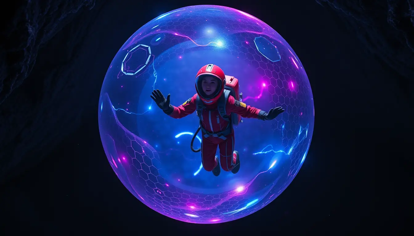 Woman in red spacesuit inside glowing energy sphere