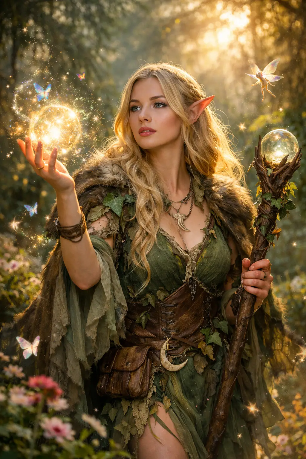 Elf druid woman bathed in dreamy magical forest light