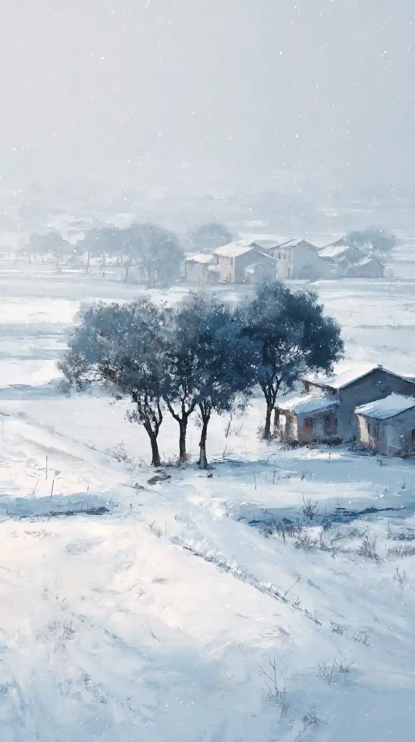 Snowy rural village with zelkova trees at dawn