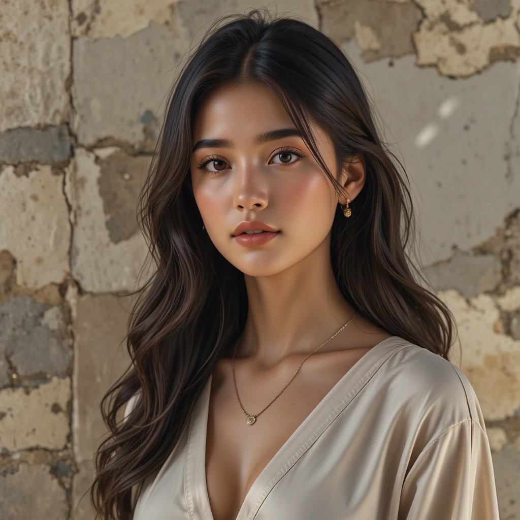 ベージュの若い女性の暖かなシネマティックポートレート