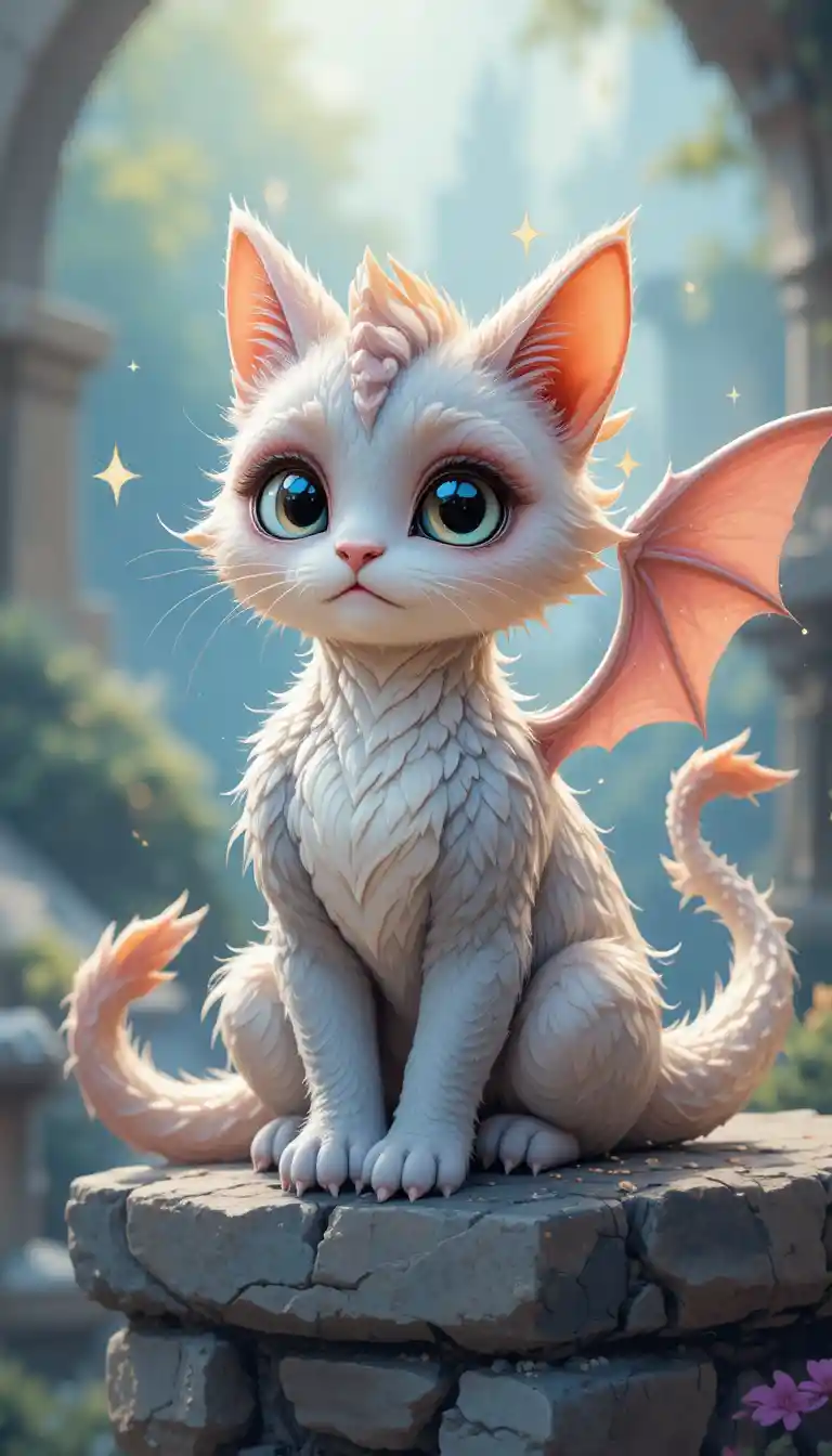 Cute cat dragon hybrid on a stone ledge illustration