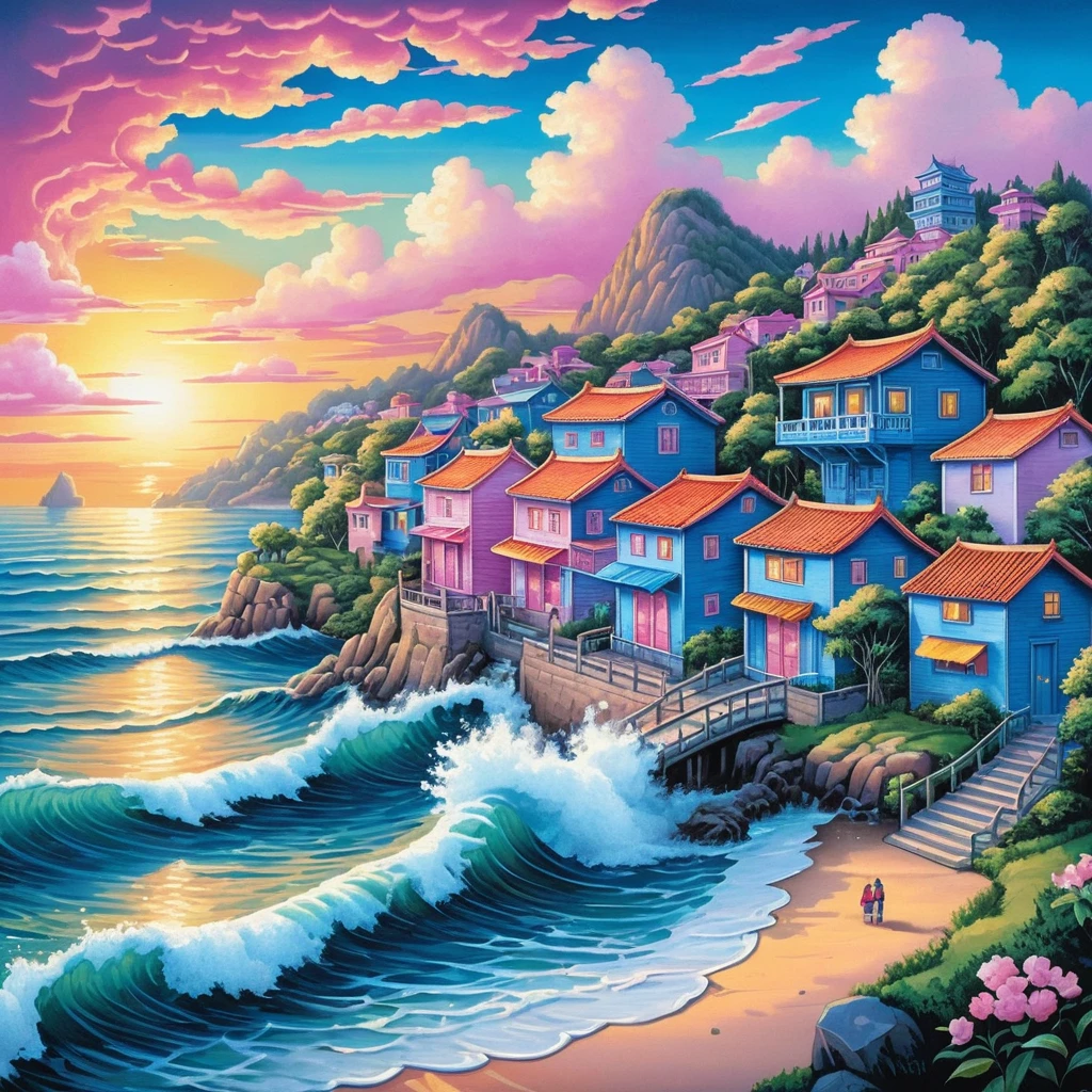 Colorido pueblo costero al amanecer en ilustración tipo cómic