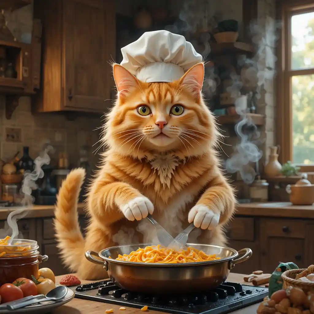 Gato naranja chef cocinando pasta en una cocina rústica
