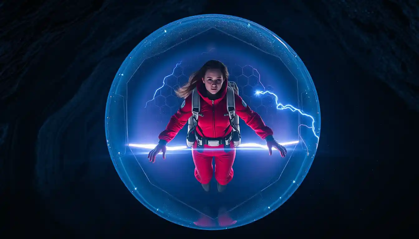 Woman floating in glowing energy shield inside dark cave
