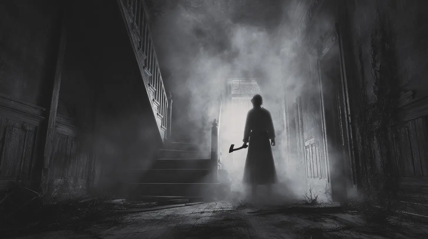 Esploratore solitario che affronta un fantasma sulle scale di una vecchia magione