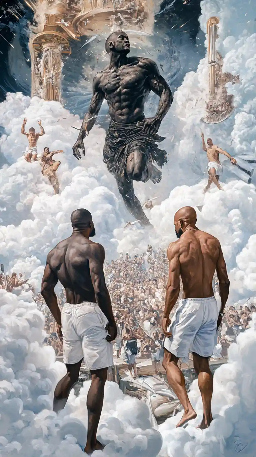 Powerful black man and dark deity above cloudscape chaos