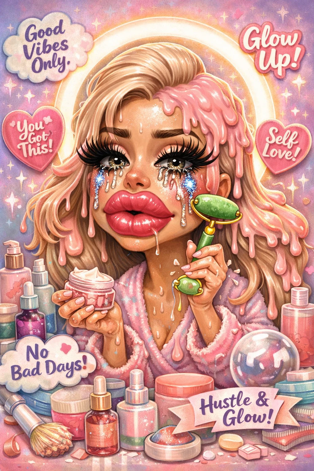 Caricature wellness influencer crying glitter during skincare ritual