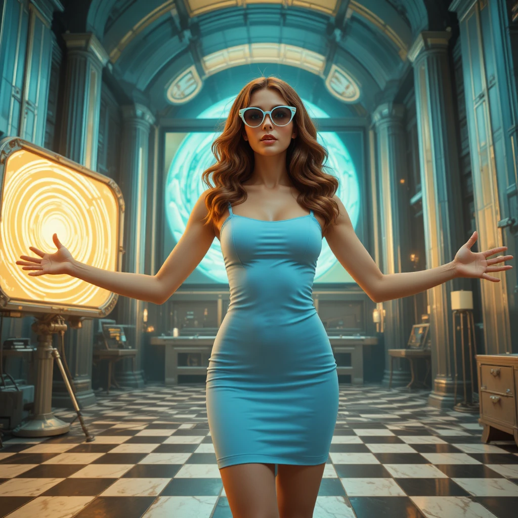 Optimistic woman reaching toward a glowing film projection