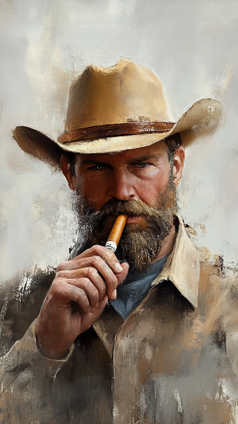 Vaquero barbudo melancólico fumando un cigarro en retrato a contraplano