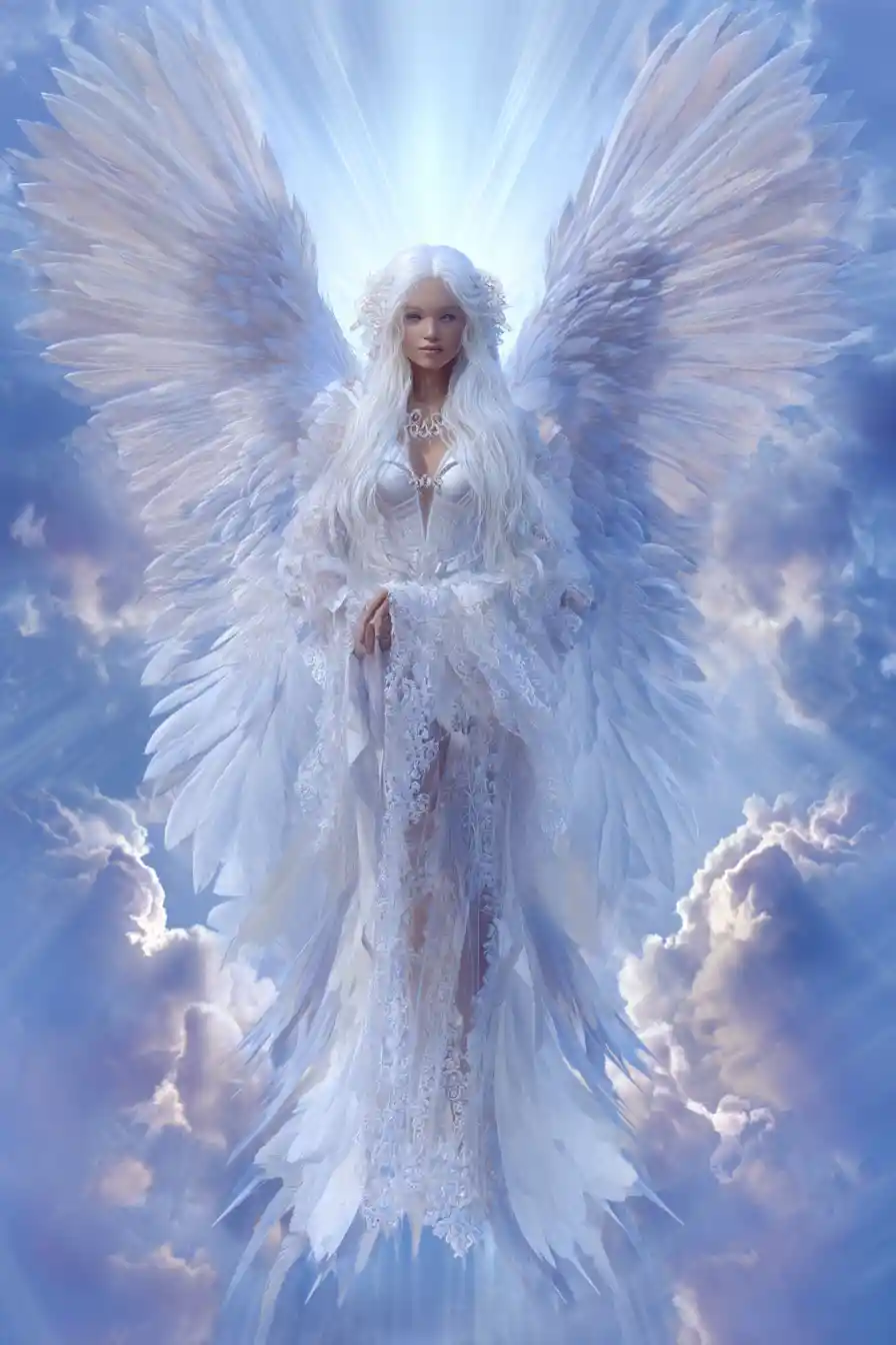 Ethereal angelic woman wrapped in luminous white wings