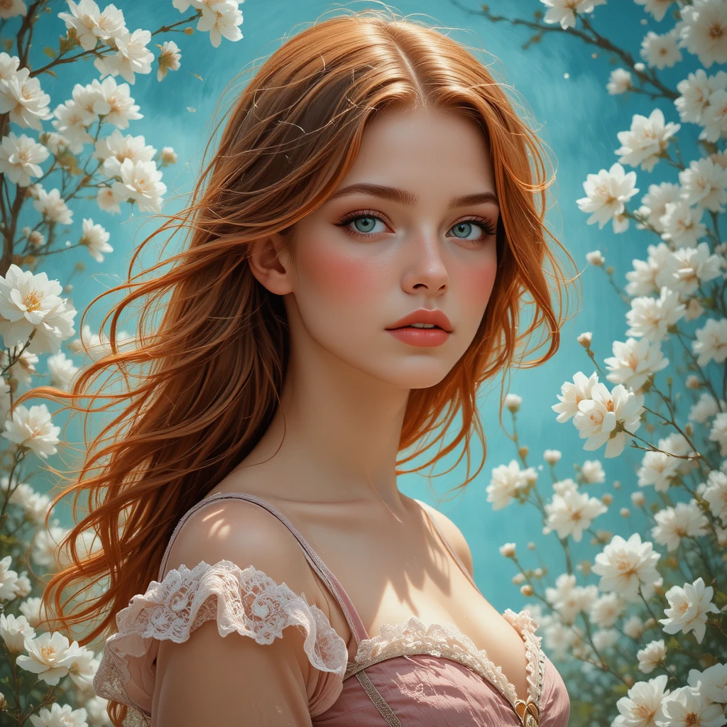 Young woman in dusty rose dress among white blossoms