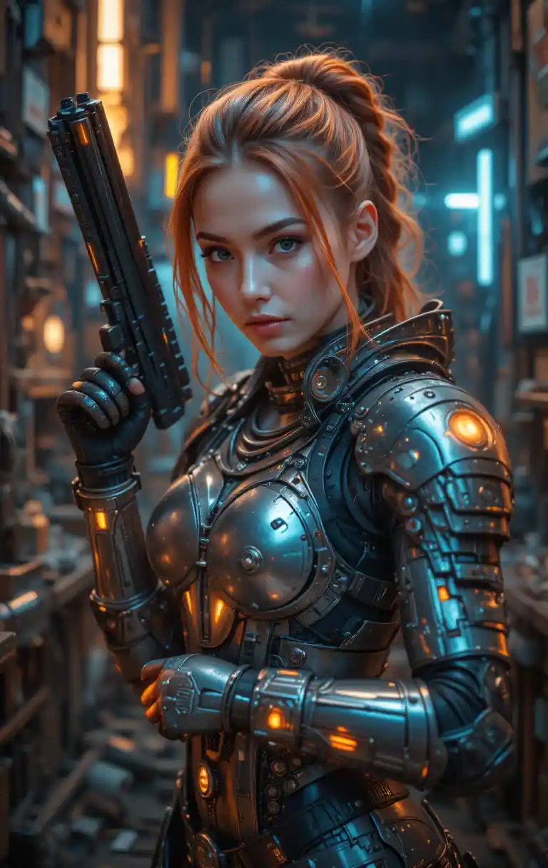 Guerrière de science‑fiction rousse en armure cyberpunk lumineuse