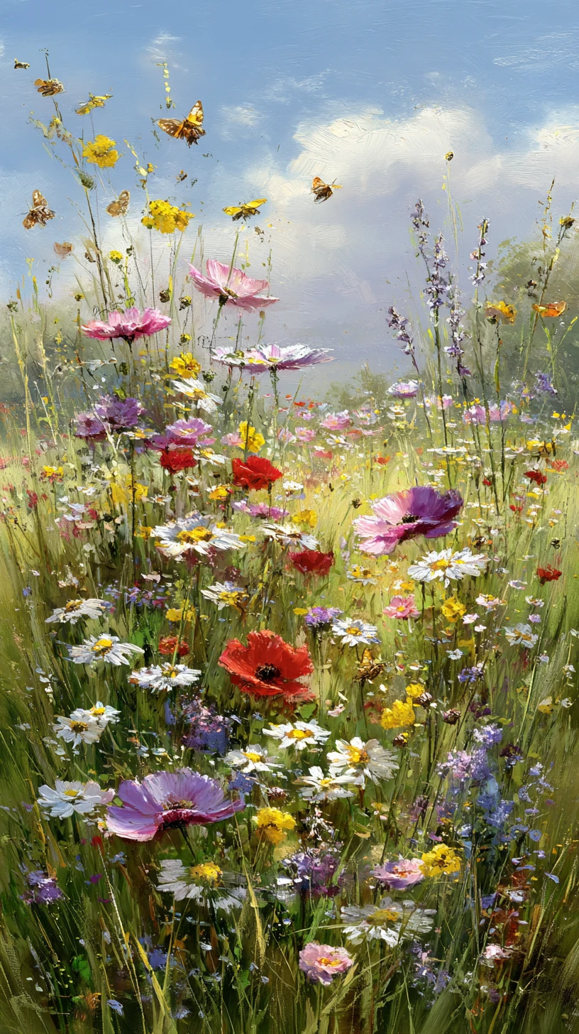 Sunlit spring meadow filled with colorful wildflowers