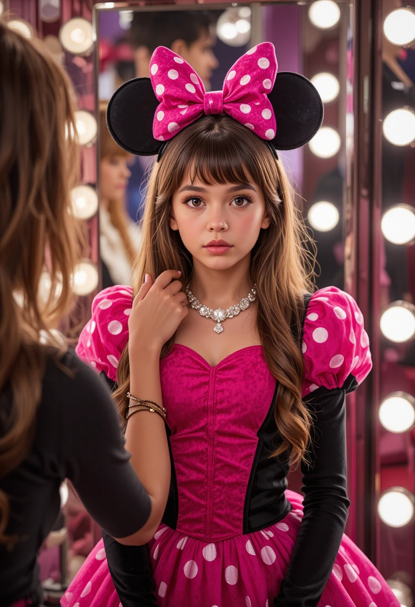 Ragazzo apprensivo in abito rosa di Minnie davanti allo specchio