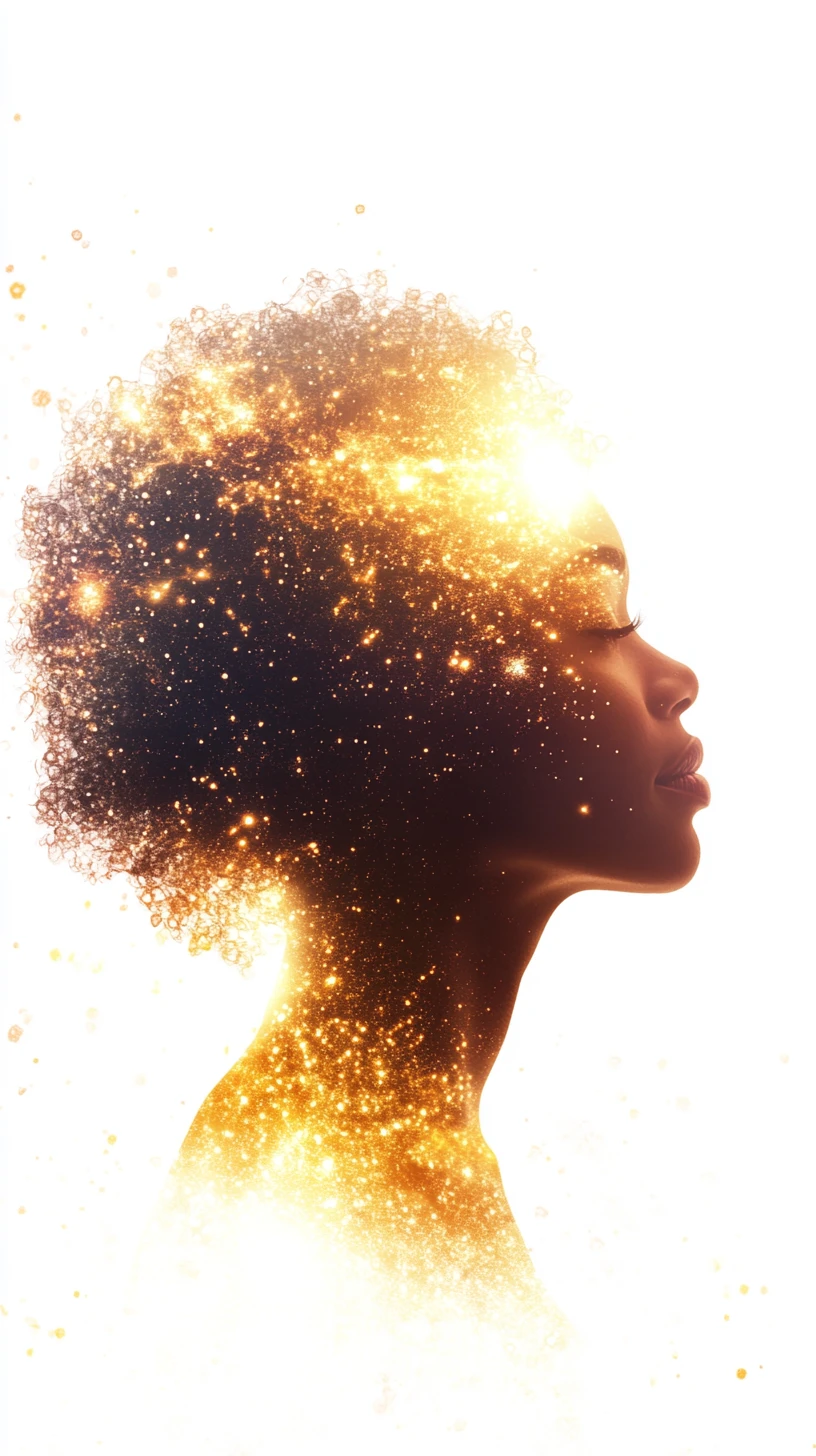 Profilo di donna afrofuturista con un luminoso universo cosmico interiore
