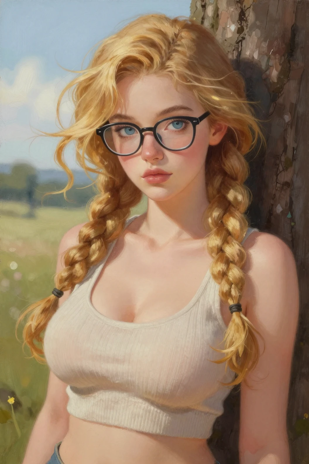 Shy blonde woman in braids by a tree in nature