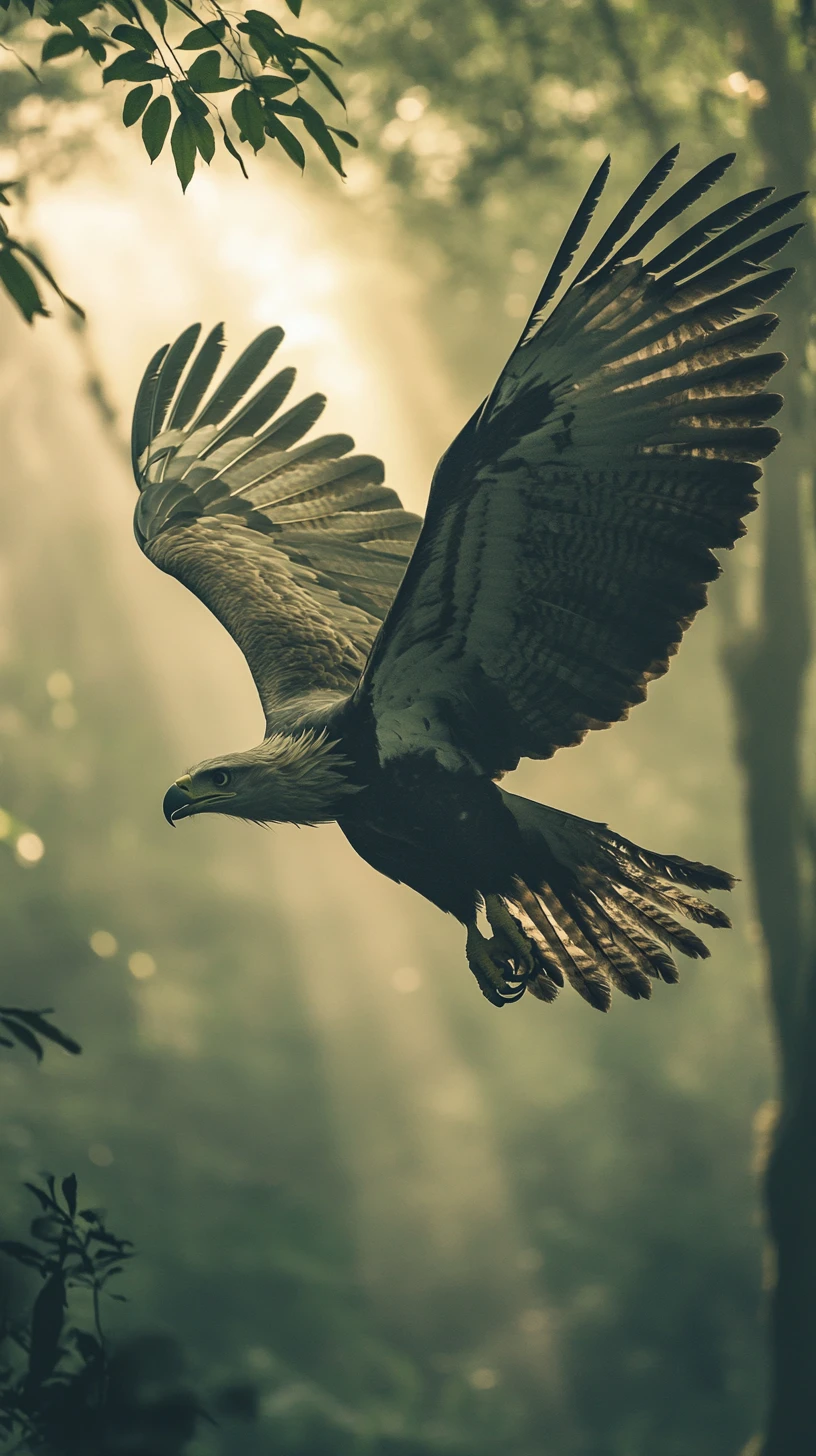 Harpy eagle diving through misty jungle canopy in sunlight