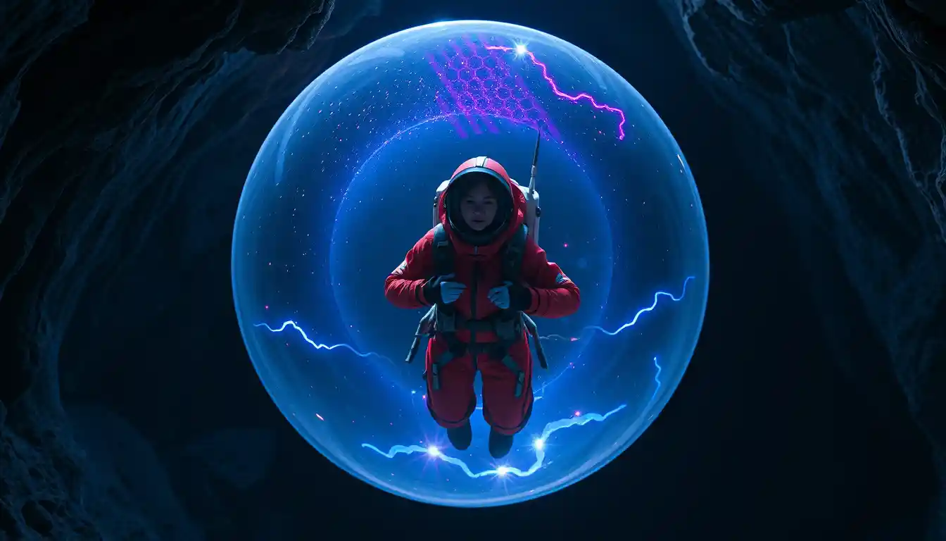 Woman in red spacesuit inside glowing plasma shield