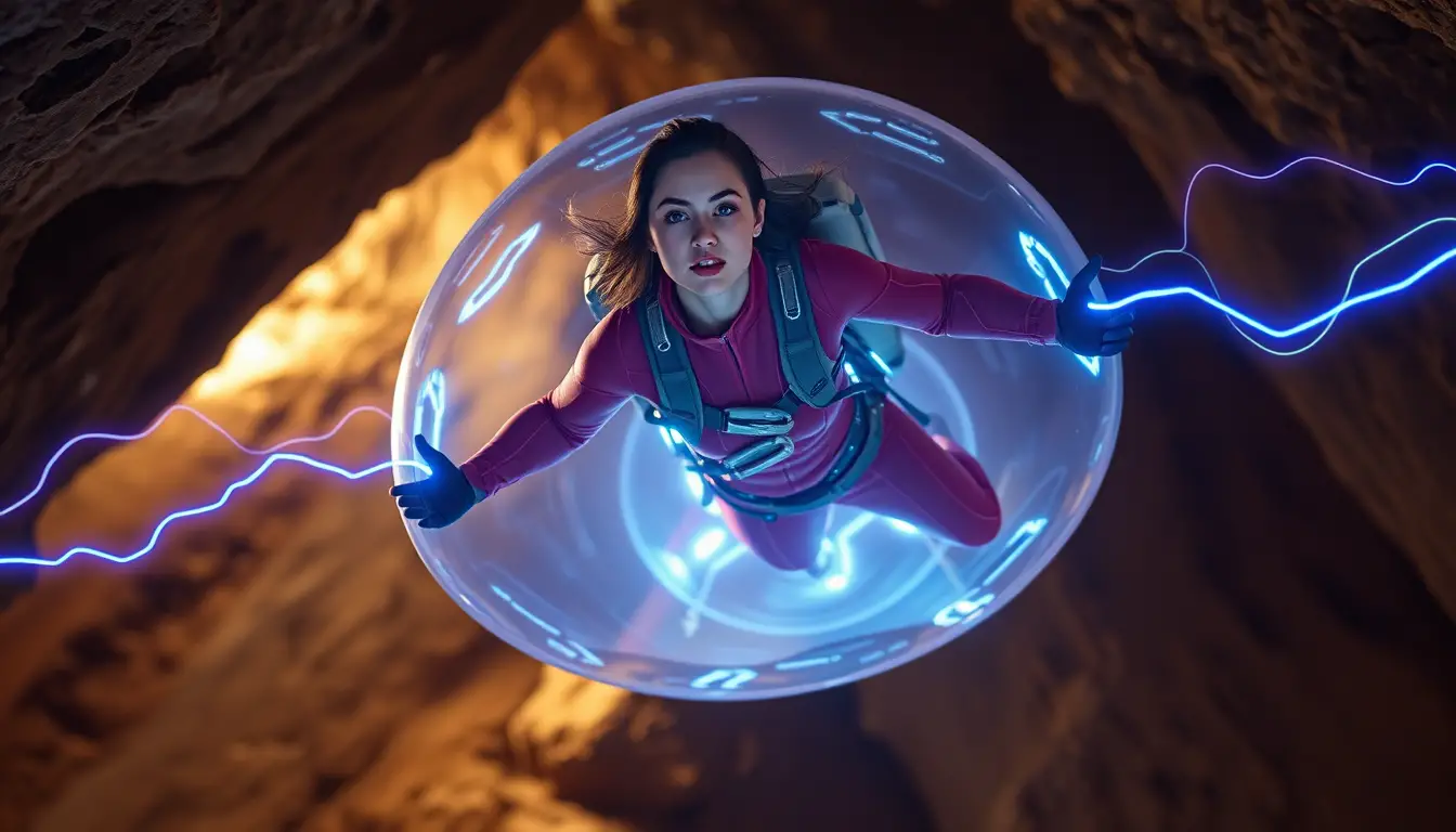 Woman in red space suit floating inside glowing energy shield