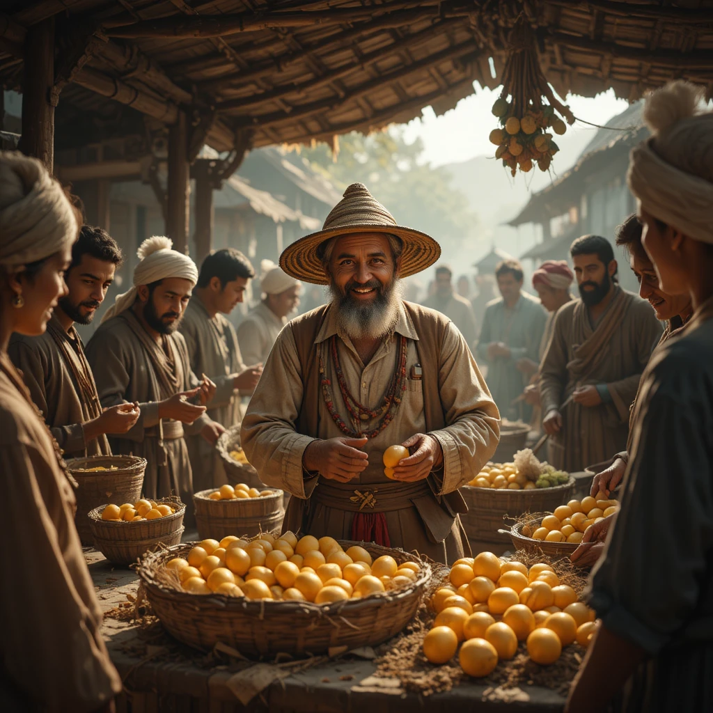 Farmer Selling Shining Golden Eggs In Busy Village Market